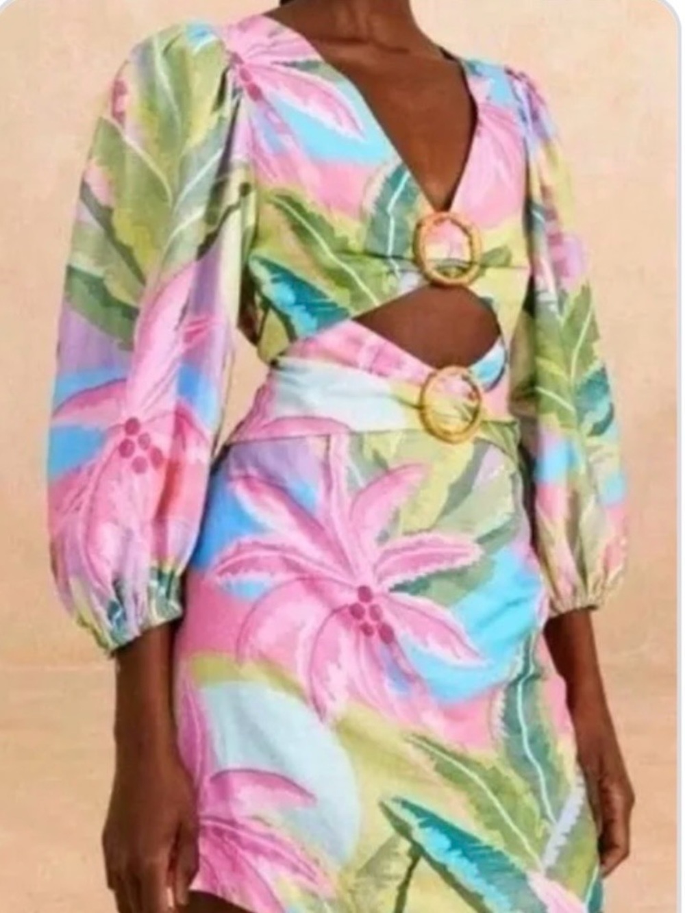 Farm Rio Tropical  cut out Print Dress  with bamboo rings linen blend size s